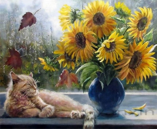 Cat and Sunflowers