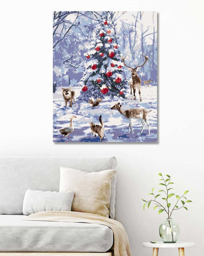 Animals near the Christmas Tree - Diamond Painting Kit