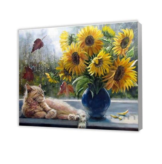 Cat and Sunflowers - Paint by Numbers