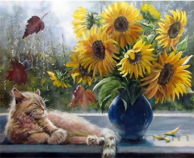 Cat and Sunflowers - Paint by Numbers
